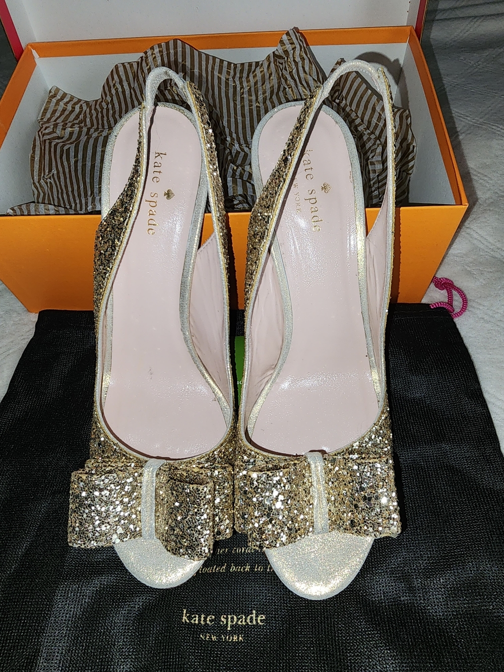 kate spade Gold Glitter Bow Slingback Heels